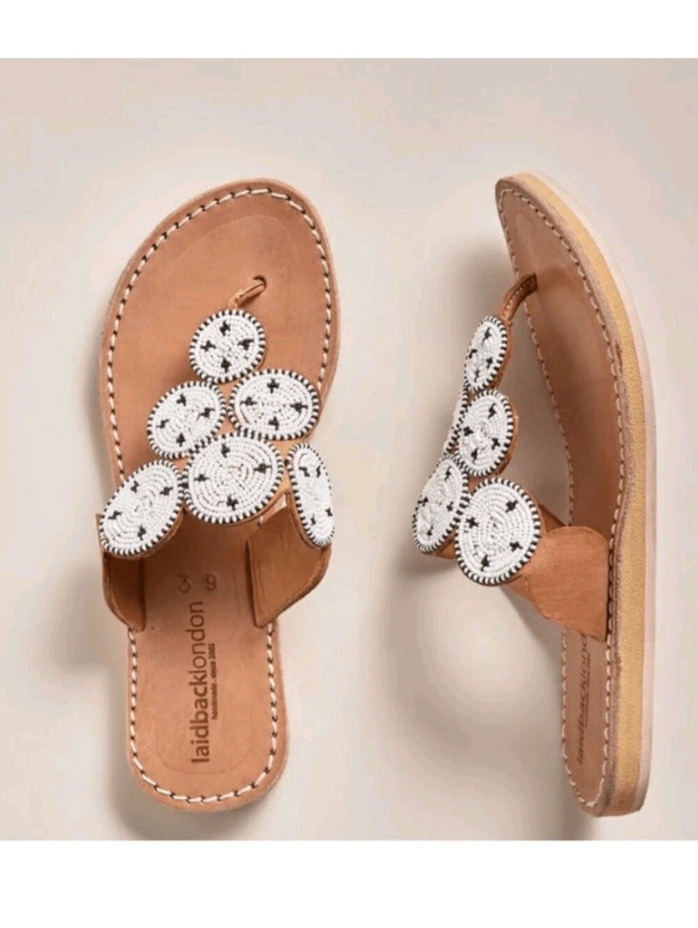 Laidback London Pemba White Beaded Leather Medallion Flat Sandals 7
